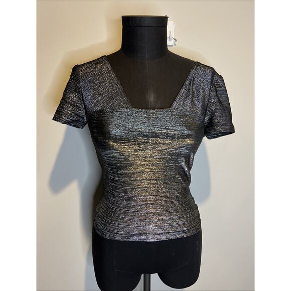 Algo Metallic Party Nightlife Top Angular Neckline Size 4 Cocktail Stretchy - Picture 1 of 7